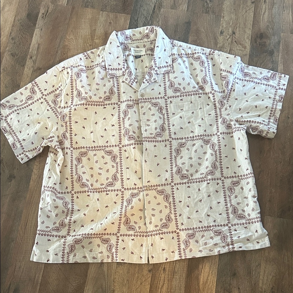 American Eagle Outfitters Cream and Brown Casual Shirt